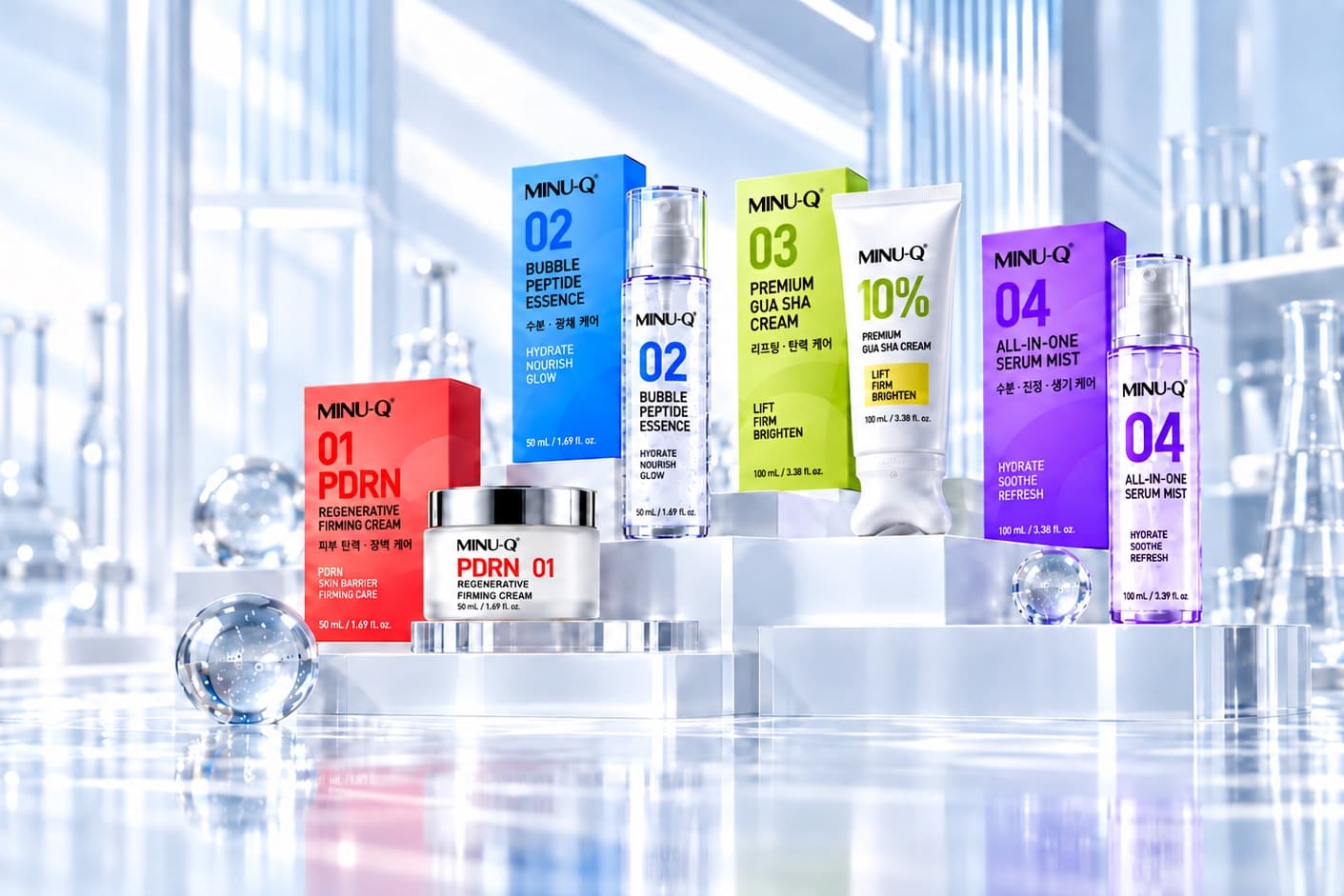 The MINU-Q range: 01 PDRN cream, 02 peptide essence, 03 gua sha cream and 04 serum mist